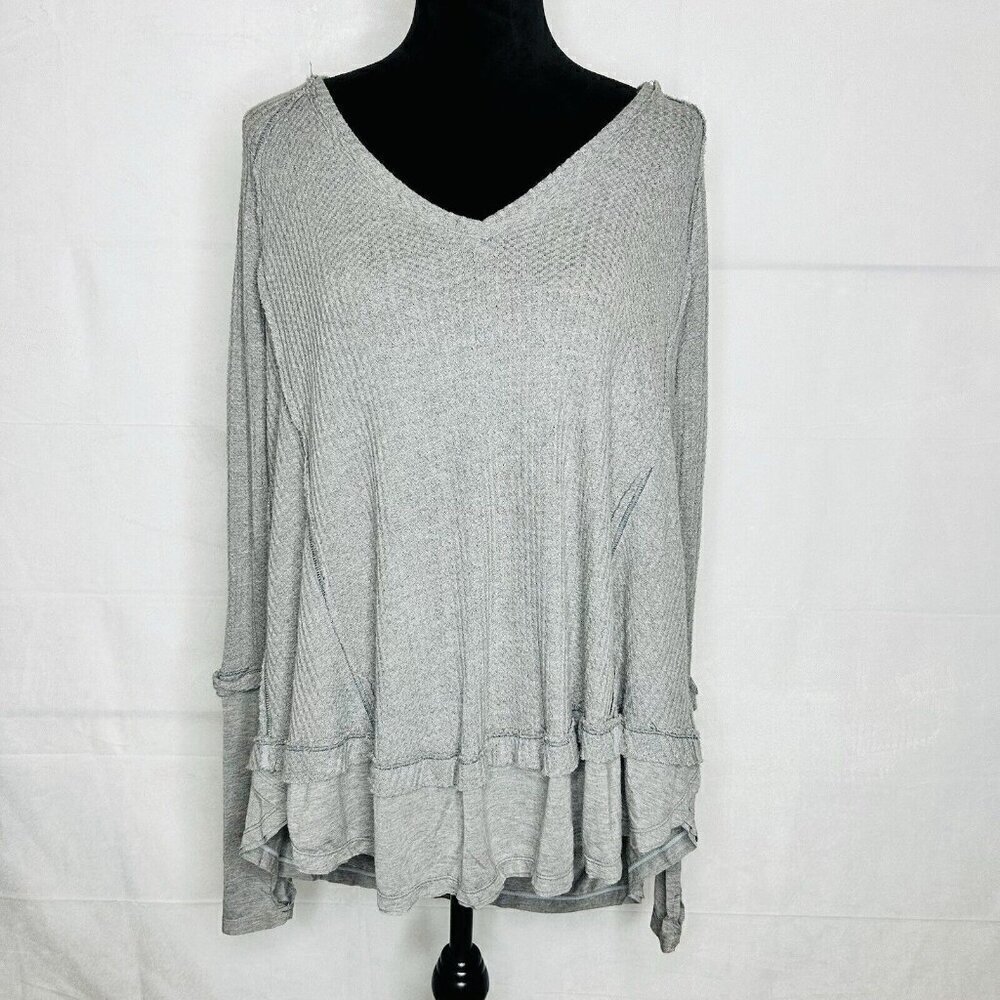 Free People We The Free Gray Long Sleeve Thermal Waffle Knit Top Sz XS